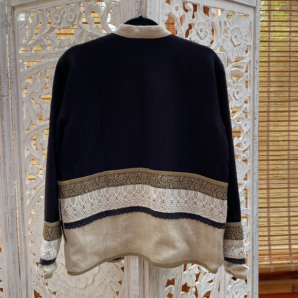 Funky retro vintage embroidered black lace burlap + floral coat jacket L-XL - Picture 12 of 16